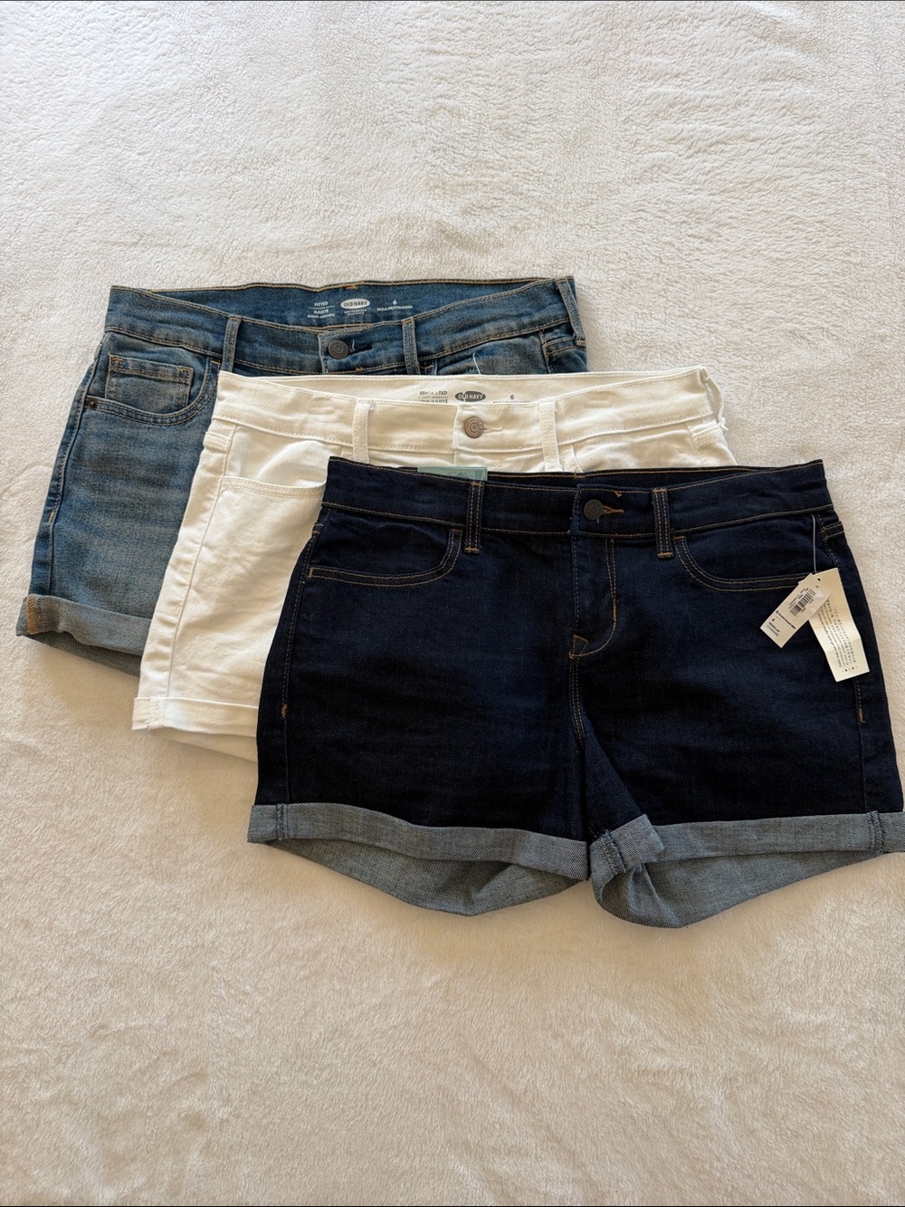 Old Navy Women's Denim Shorts Trio - Dark Blue, White & Medium Blue